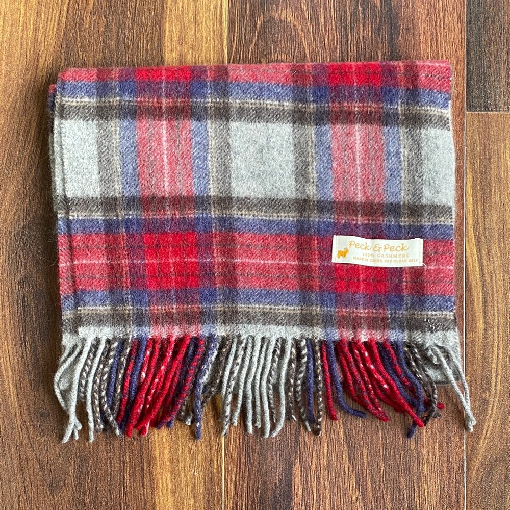 Peck & Peck 100% Cashmere Plaid Tartan Fringe Scarf